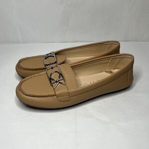 Calvin Klein Logan Tan Leather Women's CK Round Toe Buckle Slip-On Loafer Shoes